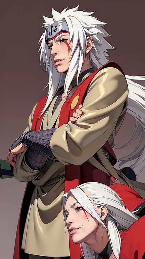 (（（Perfect body,White and tender skin,（（（Wearing a red coat with brown clothes inside, wooden clogs on feet, ninja protective gear on both hands, and a large scroll hanging behind them）））,（（（Jiraiya，Wearing forehead protectors, long white hair, and red marks under the eyes,）））,((masterpiece)),high resolution, ((Best quality at best)),masterpiece,quality,Best quality,（（（ Exquisite facial features,Looking at the audience,There is light in the eyes,Smile）））,）））,（（（Light and shadow,）））,（（（Looking at the camera,black background,)））),