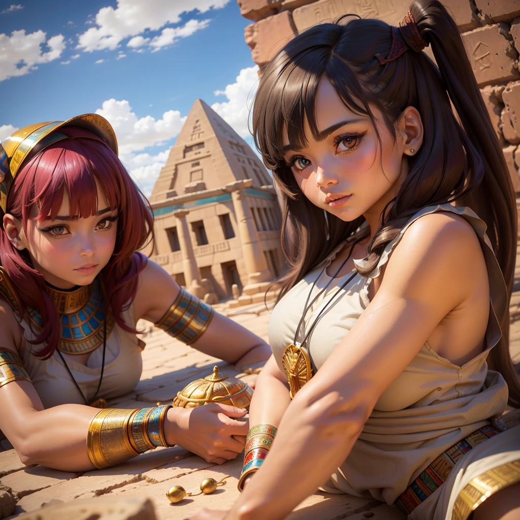 Cute Ancient Egyptian Girl、A hill overlooking the colorful temples of ancient Egypt、A colorful view of the whole city