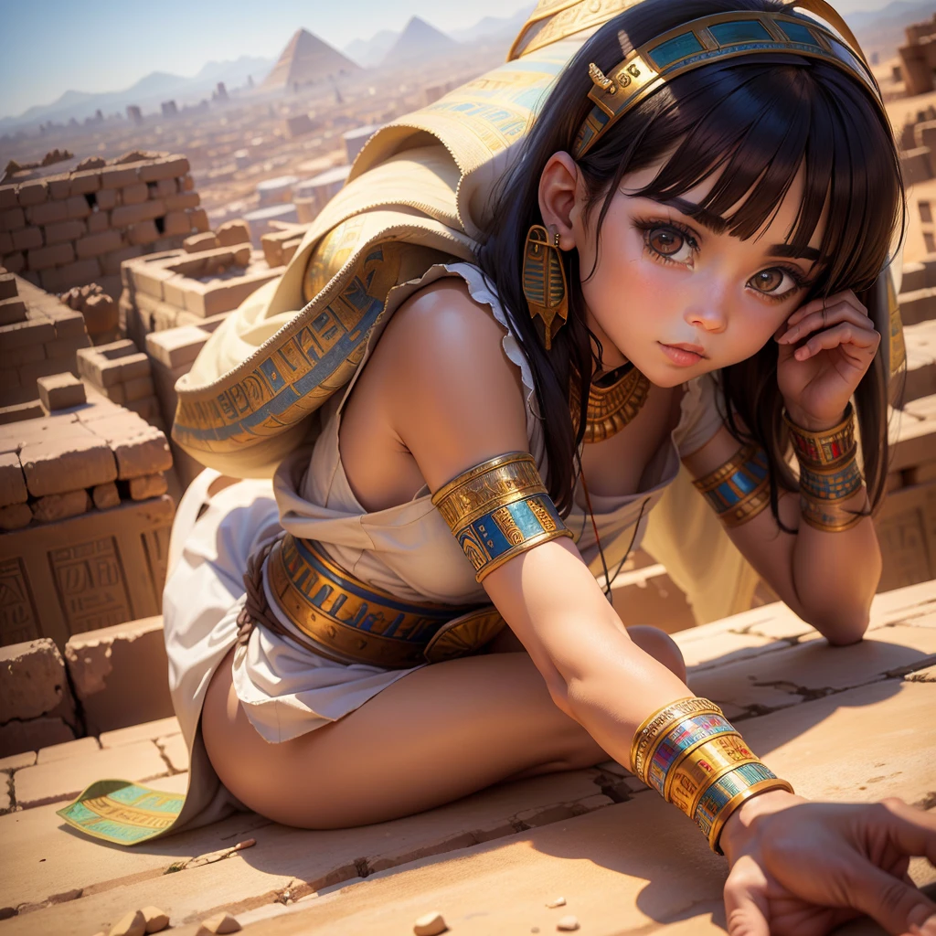 Cute Ancient Egyptian Girl、A hill overlooking the colorful temples of ancient Egypt、A colorful view of the whole city