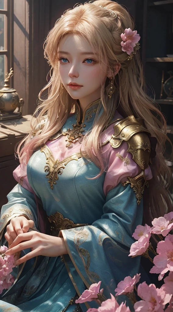 Close-up of woman in pink dress、Chengwei Pan at Art Station、By Jan J.、detailed fantasy art、Stunning character art、Fan Art Best Art Station、epic exquisite character art、Beautiful armor、extremely detailed art germ、Detailed Digital rial Art、Art Germ at Art Station pixiv、Armored Lady、large blue eyes、Double eyelids、gold haired、