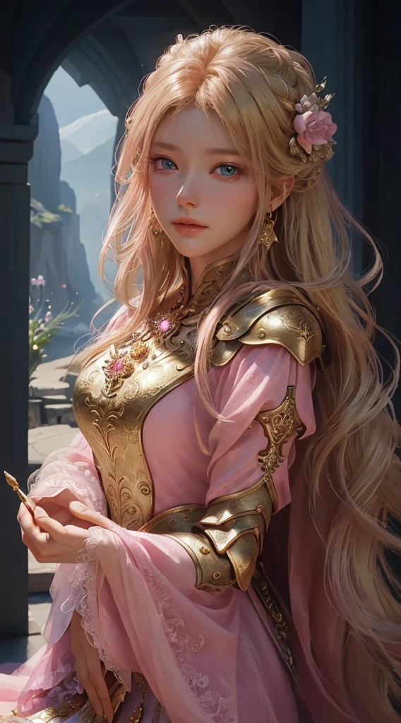 Close-up of woman in pink dress、Chengwei Pan at Art Station、By Jan J.、detailed fantasy art、Stunning character art、Fan Art Best Art Station、epic exquisite character art、Beautiful armor、extremely detailed art germ、Detailed Digital rial Art、Art Germ at Art Station pixiv、Armored Lady、large blue eyes、Double eyelids、gold haired、