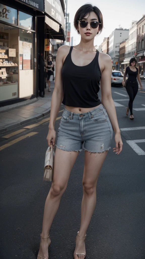 High Resolution, 1girl, Looking at viewer, Short Hair, Black Hair, standing long legs, tank top, F/2.8, Fujifilm, Sunglasses,
