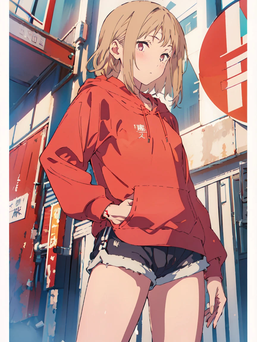 ((Highest quality)), ((masterpiece)), (be familiar with),Akane Sawatari,nsfw,((Small breasts)),Tattoo of the uterus, Red hoodie,Shorts
