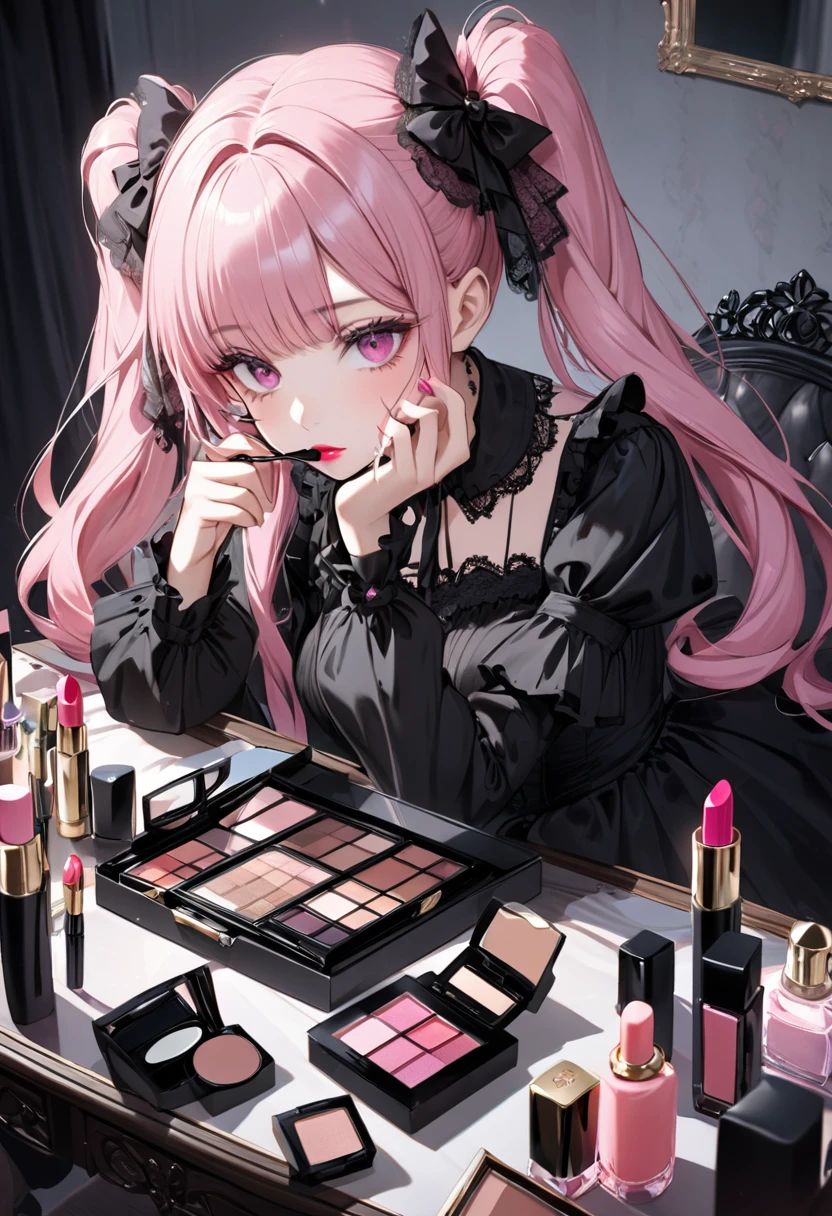 A beautiful girl with pink twin tails, pink eyes, alone, putting on makeup, trying to put on lipstick, lots of cosmetics and perfume on the table, a beautiful girl in black gothic lolita clothes putting on makeup