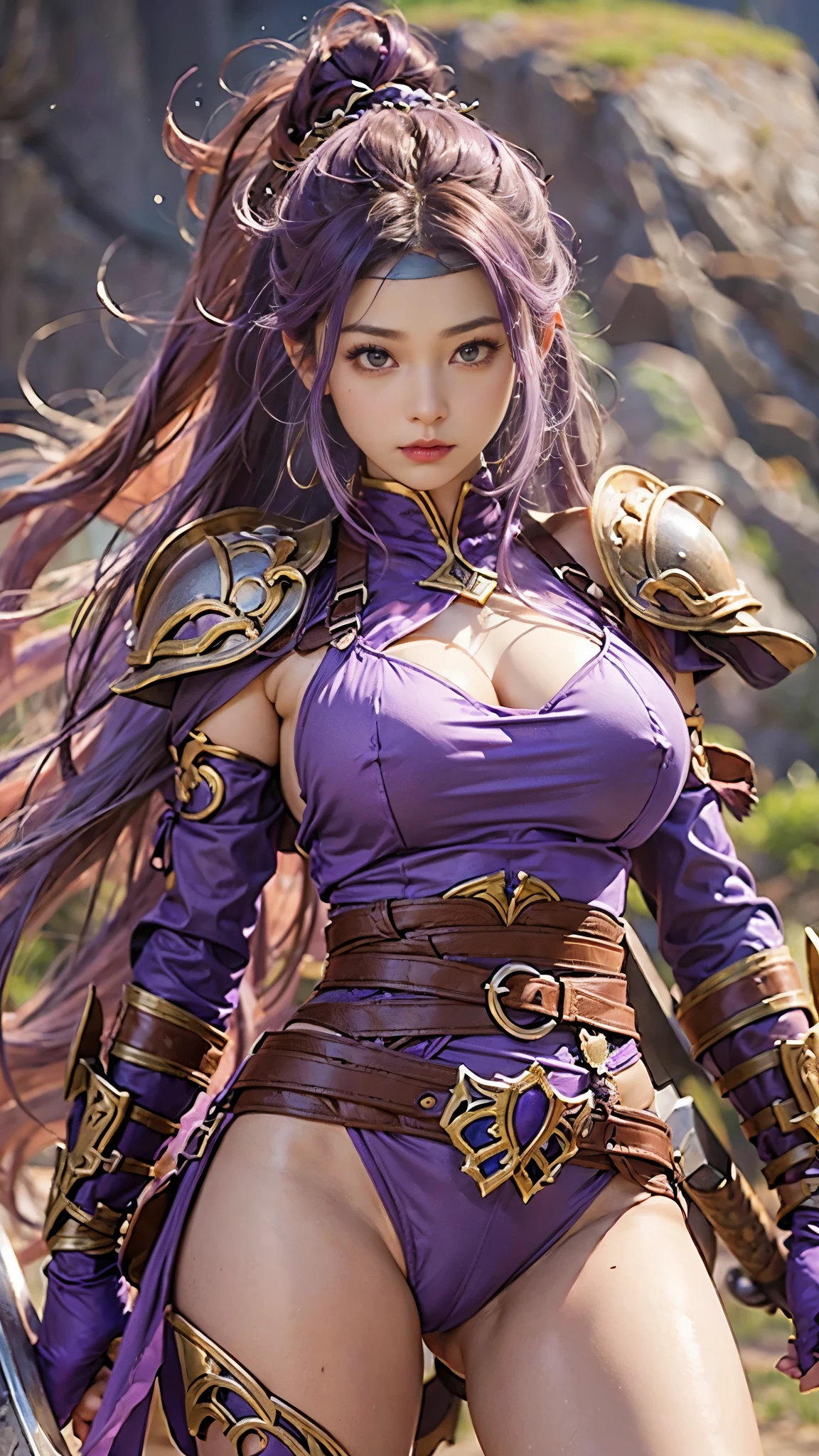 Extremely realistic and detailed image quality、A gorgeous female warrior from Dragon Quest 3 ready for battle with a shield and axe、Pink feathered helmet、(((Very small area)))Red halter top、((Belly button))、Purple curly long hair、Bust 40 inches、MCup Breast、Super big breasts、Tight waist、Abdominal muscles、(((The shape of the nipple stands out clearly)))、(((The areola is protruding)))、(((Purple pubic hair sticking out)))、Ultra high leg、rocky mountain background、