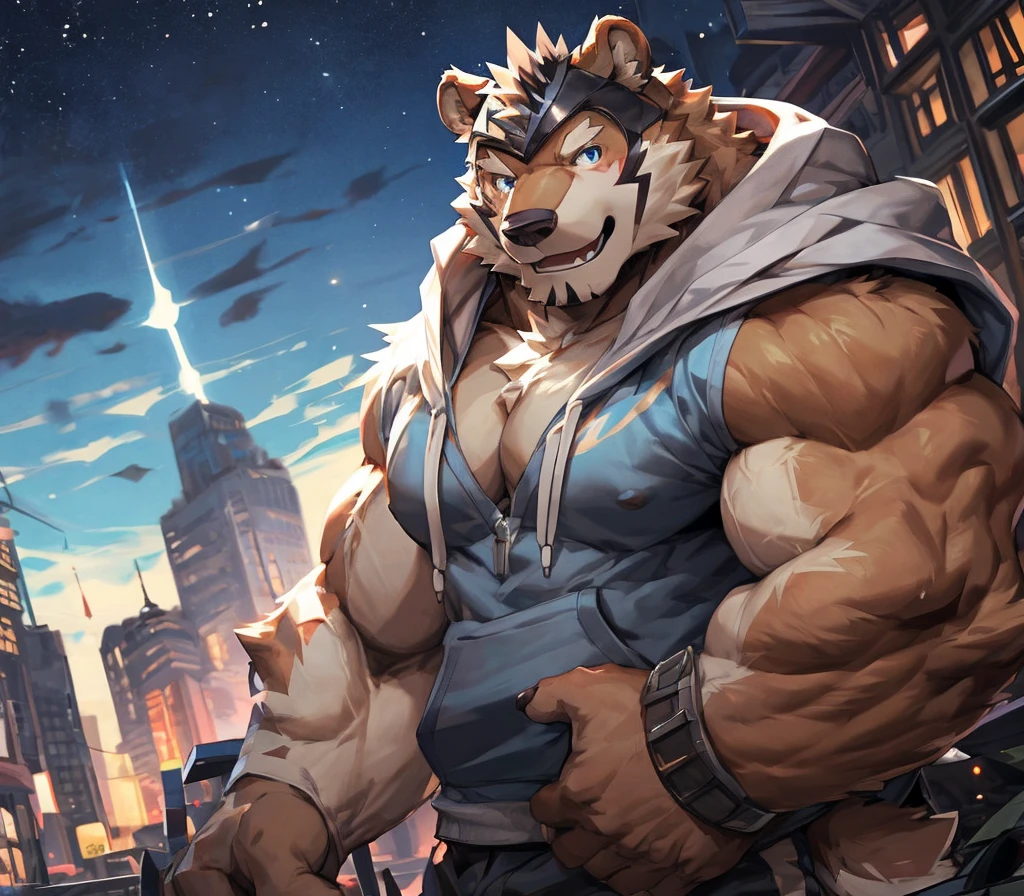 bynamic angle,depth of field, motion blur, absurdres,looking at viewer, (best quality), (masterpiece), (ultra detailed),(detailed eyes),sharp focus,japanese anime,manga,anthro male brown grizzly bear,(muscular),big fellow,huge body,((hoodie sleevless)),sky blue eyes,handsome,night,(flex one’s biceps),by null-ghost,by traver009,by lindong,by pino daeni