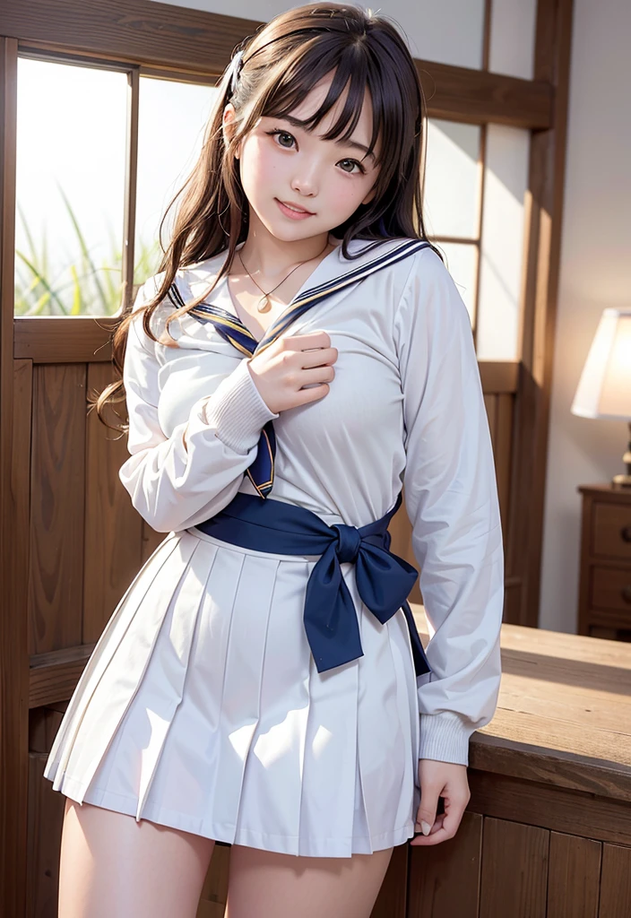 (Highest quality,masterpiece:1.3,Ultra-high resolution),(Very detailed、Caustics) (Realistic:1.4, RAW shooting、)Ultra-Realistic Capture、Very detailed、Natural skin texture、masterpiece、(Japanese girl wearing junior high school sailor uniform:1.3)、Adorable expression、Expressions of happiness、、Young Face、Amazingly cute、Twin tails、Curly Hair、Black Hair、Scrunchie、necklace、Bare arms、light makeup、小さい breasts、Shining Breasts、Shining thighs、Filmed in a private room at a sex shop、The scene when he entered the room、A pose that emphasizes the chest、smile、An inviting gaze、Full body photo、Anatomically correct、Attention to detail、