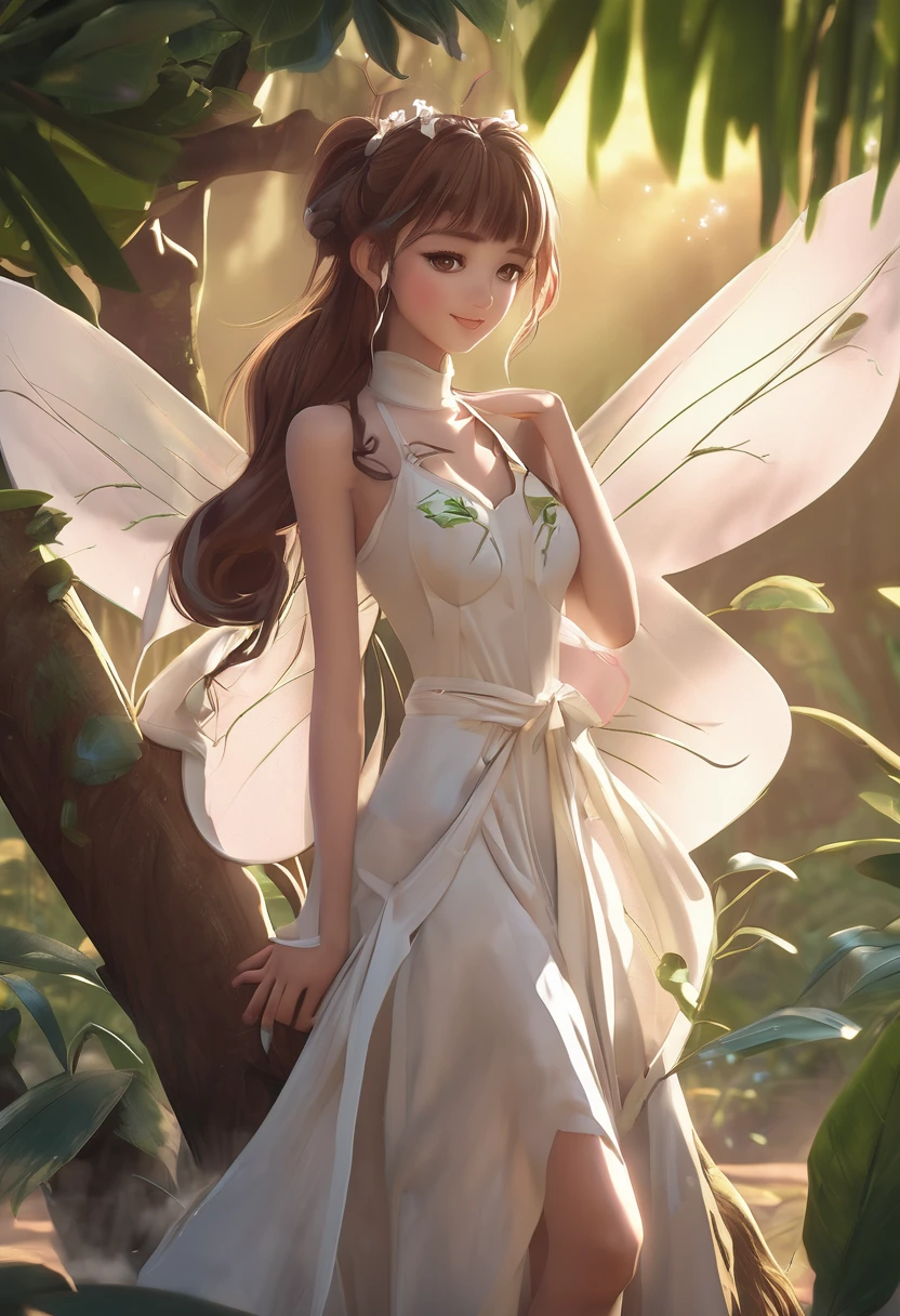 masterpiece, 8k, perfect lighting, , adult, female, cowboy shot, looking at the viewer, cinematic lighting, Adular, single ponytail, extra long ponytail, dress, (Extra long white fairy wings), Long wings, brown clothes, clothes made of leaves, Brown hair, pointy ears, (detailed eyes), shrunken, caught, smiling, blush, fairy dust, jungle, tree house, , on two-tier cake, beautifully decorated cake.