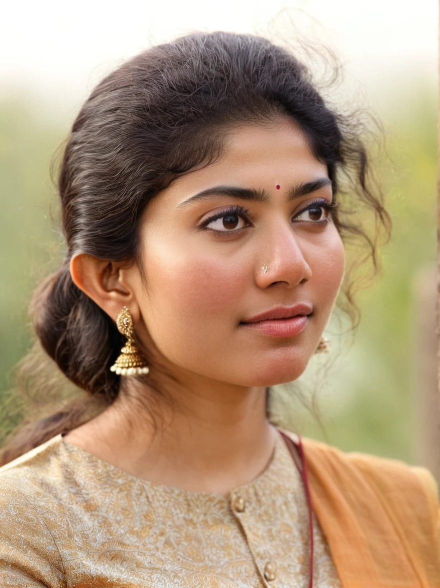 ultrarealistic hires close up photo of a 30-year-old sai pallavi woman, outdoors, realistic skin texture, looking looking at camera, high collar intricate (Fully Nakedi:1.2), beautiful bokeh background 