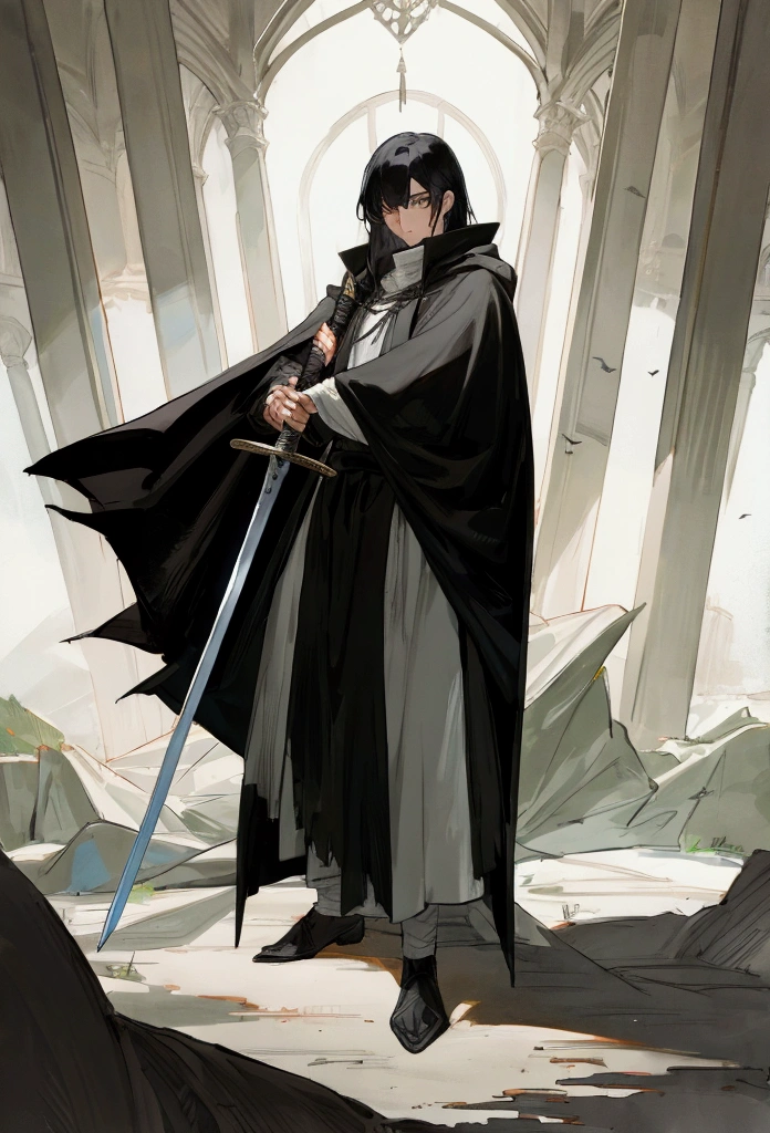 a man in a cloak with black hair, holding a sword