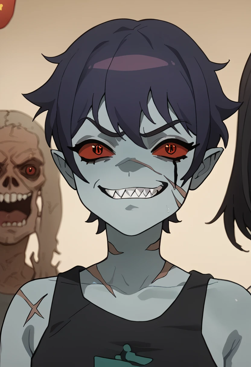 Anime zombie undead girl, slitched face, scars an face, black sclera, shark teeth, glowing eyes, smug face, vile, pale green-ish decayed skin, black tank top, eletric colar