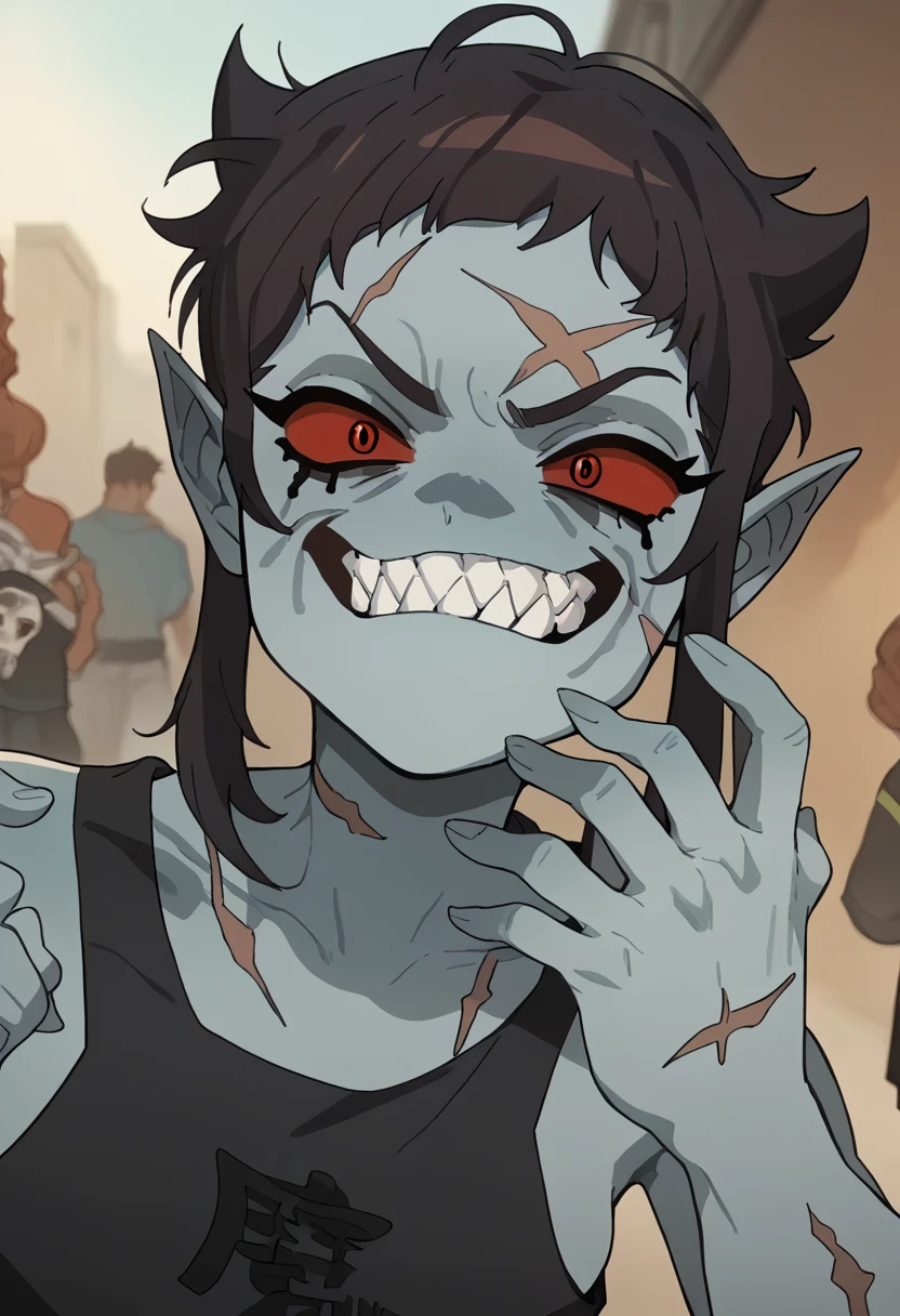 Anime zombie undead girl, slitched face, scars an face, black sclera, shark teeth, glowing eyes, smug face, vile, pale green-ish decayed skin, black tank top, eletric colar