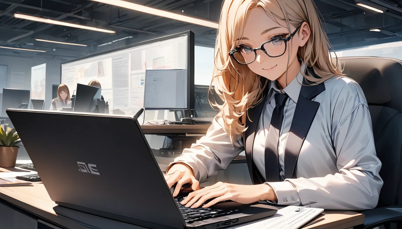Office workers working on a computer,Portraiture,Professional,Wearing a smart suit,Stylish glasses,Typing on a sleek laptop,Use a wireless mouse,Sitting at a modern desk,A soft smile,Soft natural light,High resolution,High resolution,Very detailed.One Woman ,alone