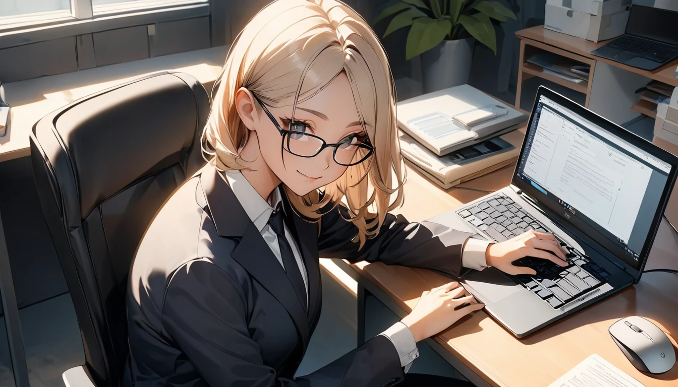 Office workers working on a computer,Portraiture,Professional,Wearing a smart suit,Stylish glasses,Typing on a sleek laptop,Use a wireless mouse,Sitting at a modern desk,A soft smile,Soft natural light,High resolution,High resolution,Very detailed.One Woman ,alone