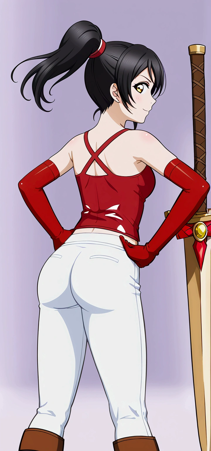 1girl, ass, black hair, boots, brown footwear, clothes pull, from behind, from below, indoors, huge breasts, looking at viewer, looking back, mikasa ackerman, pants, pants pull, red scarf, sakimichan, scarf, shoe soles, short hair, solo, sweat, sword, torn clothes, undressing, weapon, white pants,(shiny skin)