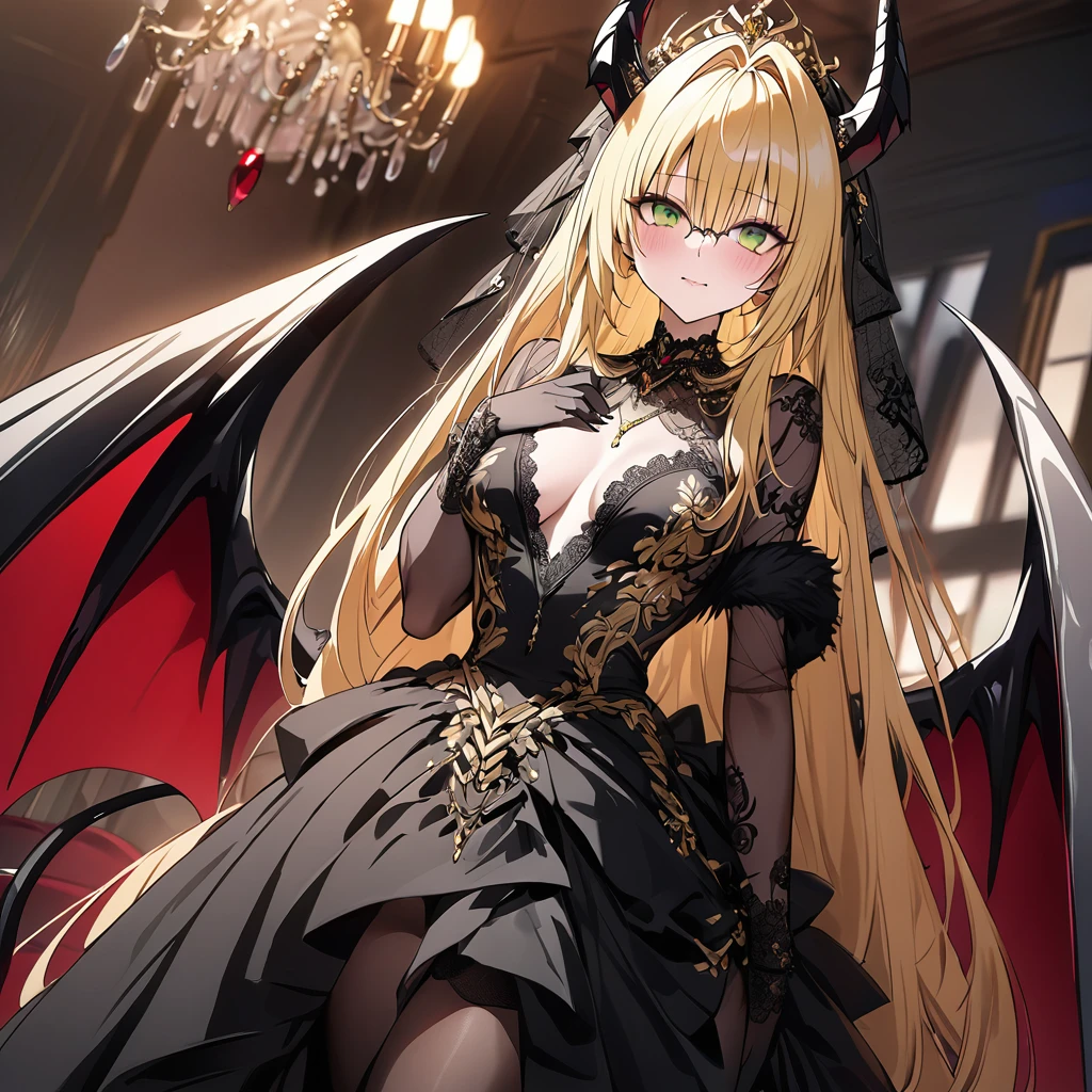 ((Highest quality)), ((masterpiece)), (detailed), (Perfect Face)、The woman was a beautiful, jet-black archdemon with jet-black skin, the evil queen of the demon world, Devil Queen Tiare, with green eyes, blonde medium-long hair, a gorgeous black wedding dress with gold embroidery and trim, a black wedding veil, an engagement ring, and luxurious accessories, and was a beautiful, elegant archdemon, the Demon Queen, lavishly decorated and jeweled.、A beautiful, jet-black-skinned demon with magnificent devil horns, devil wings, and a devil tail.