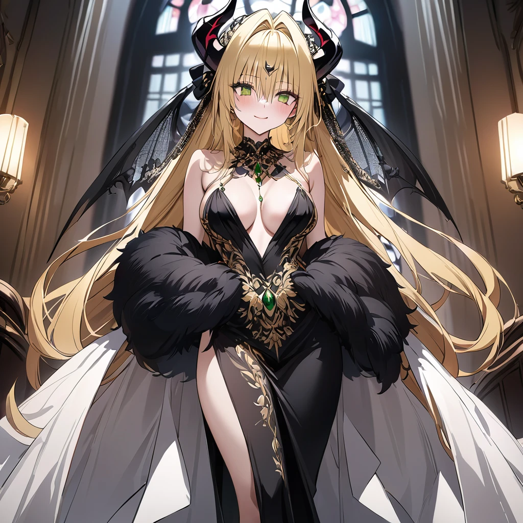 ((Highest quality)), ((masterpiece)), (detailed), （Perfect Face）、The woman was a beautiful, jet-black archdemon with jet-black skin, the evil queen of the demon world, Devil Queen Tiare, with green eyes, blonde medium-long hair, a gorgeous black wedding dress with gold embroidery and trim, a black wedding veil, an engagement ring, and luxurious accessories, and was a beautiful, elegant archdemon, the Demon Queen, lavishly decorated and jeweled.、A beautiful, jet-black-skinned demon with magnificent devil horns, devil wings, and a devil tail.
