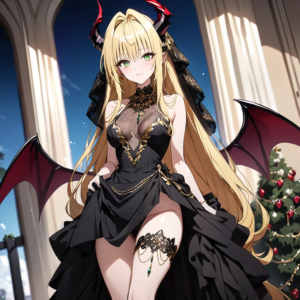 ((Highest quality)), ((masterpiece)), (detailed), (Perfect Face)、The woman was a beautiful, jet-black archdemon with jet-black skin, the evil queen of the demon world, Devil Queen Tiare, with green eyes, blonde medium-long hair, a gorgeous black wedding dress with gold embroidery and trim, a black wedding veil, an engagement ring, and luxurious accessories, and was a beautiful, elegant archdemon, the Demon Queen, lavishly decorated and jeweled.、A beautiful, jet-black-skinned demon with magnificent devil horns, devil wings, and a devil tail.