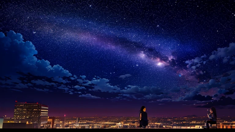 Octane, null, star (null), scenery, starry null, night, One Girl, night null, alone, Outdoor, building, cloud, milky way, Sitting, wood, Long Hair, city, silhouette, cityscape
