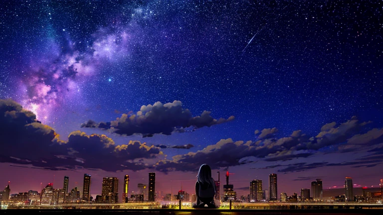 Octane, null, star (null), scenery, starry null, night, One Girl, night null, alone, Outdoor, building, cloud, milky way, Sitting, wood, Long Hair, city, silhouette, cityscape