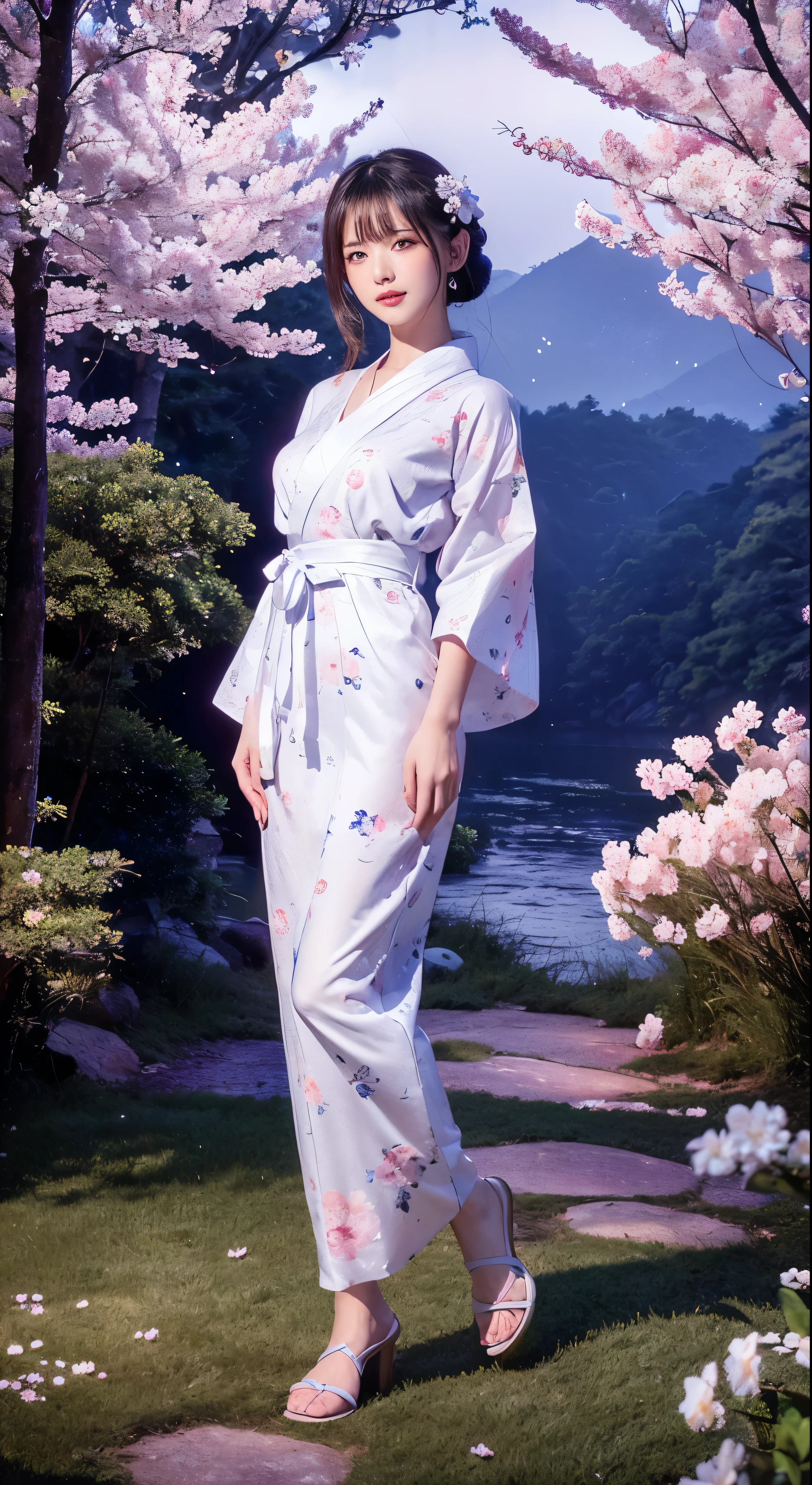 Highest quality、masterpiece、High resolution、1girl、Detailed face、(Full body high quality images:1.6)、In the moonlit forest、Mountains and Rivers、night、Firefly Light、Real、Rich in detail、(Blue floral yukata:1.2)、(Beautiful body:1.4)、with high definition images，