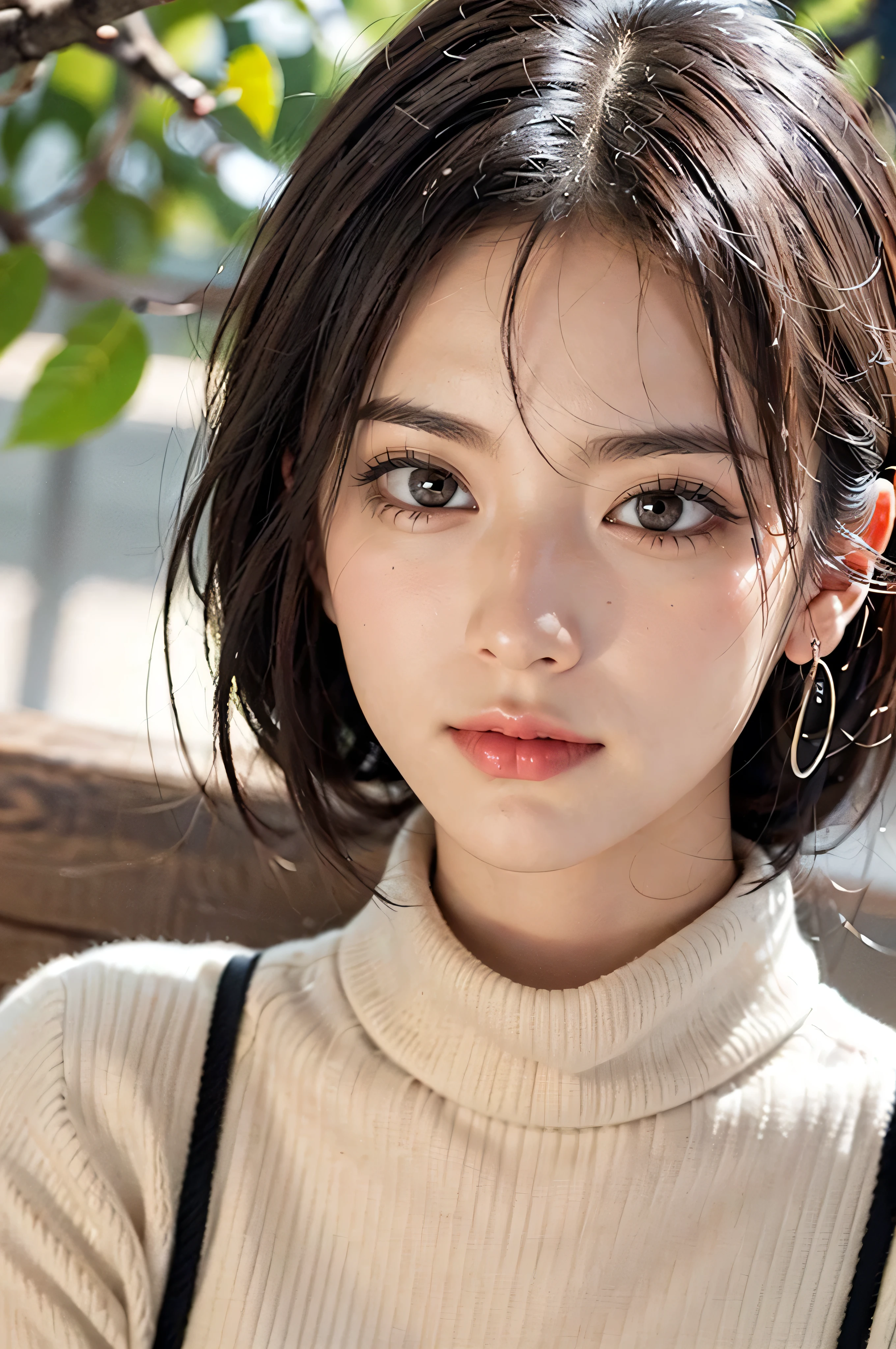 Sit on a chair、(Face close-up:1.8)、((Crafty Pose)),(RAW shooting), 35Year、((High neck red knit sweater))、White scarf around the neck、Long thin earrings、Round eyes、Put your cheek to your ear、correct、make、smile、Biting the lower lip、Soft lips、A seductive smile、Shine、Dark lipstick、Cheek above nose、(autumn leaves)、((Watery eye))、Asymmetrical hair、Real Skin、bionde、Very realistic,Gray Hair、Messy Hair、Hair behind the ear、Floating Hair、short hair、Boyish Hair、Blunt bangs、Cast a Shadow、Hyperrealism、modern-art、Shine、reflected light、Ultra Wide Angle、16K、Very detailed、最high quality、超High resolution、Anatomically correct、Awards、最high quality、Ultra high definition、high quality、High resolution、Textured skin、correct、masterpiece、((Cold Pose:1))、(((Shoot from different distances and angles:1.5)))、Extreme close up of face