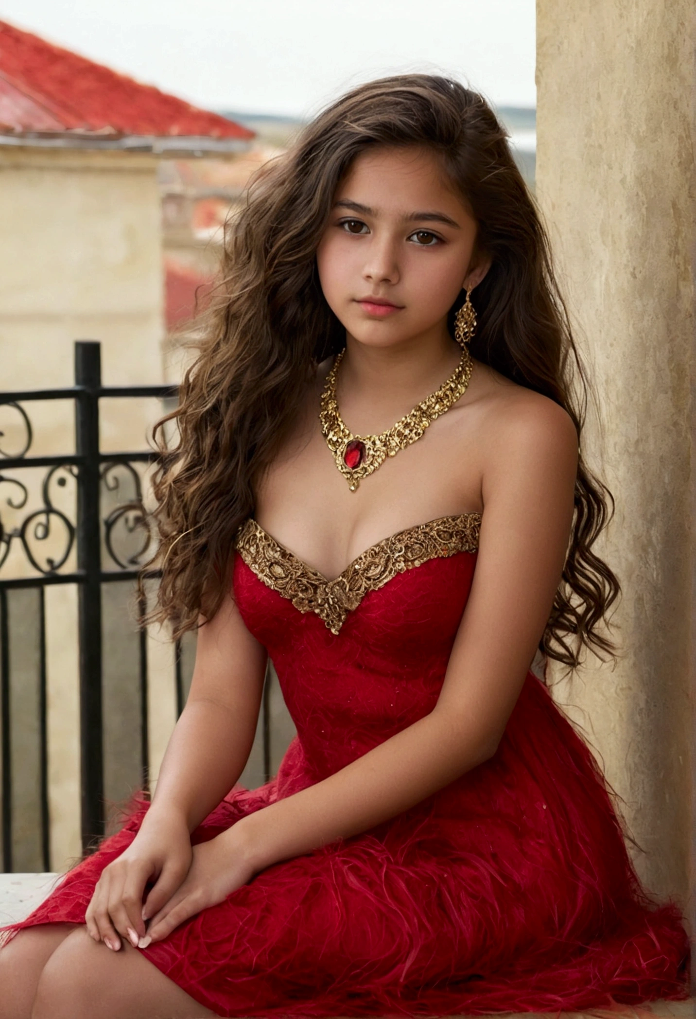 1 Girl , bronze, complexion with, fair, by the wide, wavy fur, small breasts, messy dark hair, fair shoulders, Brown eyes, jewelry, Whole body, sexy body, she wears a red dress realistic, sitting on the terrace 