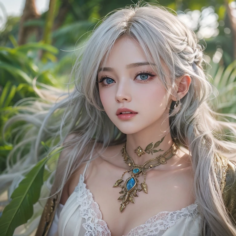 (masterpiece:1.3), (8k, Realistic, RAW Photos, Best image quality: 1.4), Fair-skinned fairy woman、Long Hair、Cleavage:2.0、Highly detailed face、Attention to detail、double eyelid、Chest to chest、Sharp focus:1.2、Beautiful woman:1.4、Silvery white hair、Highest quality、masterpiece、Ultra-high resolution、(Realistic:1.4)、Highly detailed and professionally lit smiles、Loose, Light, steampunk、Shoulder out、thin、Serious expression、Short-haired、Deadly position, One person、whole body,Walking on the beach、Gorgeous Necklace, Reptile Eyes:1.5