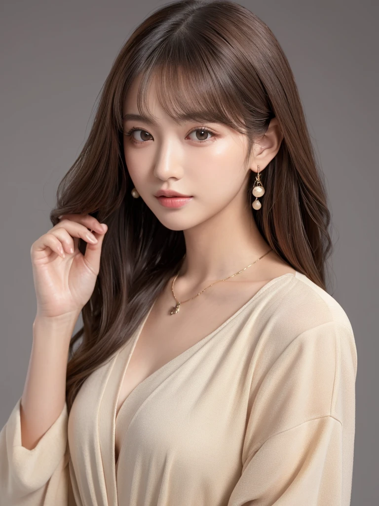 ((Highest quality, 8k, masterpiece:1.3)), concentrate: 1.2, Perfect body beauty: 1.4, Hips: 1.2, ((Long Hair, chest: 1.2)), (Dry clothes: 1.1) , (clear, Simple Background:1.3), Simple clothes: 1.1, Highly detailed face and skin texture,Delicate eyes, double eyelid, Whitened skin, Rough skin、Long Hair、Earrings with bangs、necklace、 solo、Beige coat、White shirt, (((Beautiful girl with cute Japan)))、 ((Beautiful Japanese girl 20 years old))、 ((Baby Face))、 (((Slender body)))、 Upper Body,Face focus、necklace,Simple Background,From above, Realistic Hair、 A photograph was taken:Canon EOS R6、135mm、1/1250 seconds、f2.8、ISO400、(Detailed explanation of the hand)、(Masseter muscle area)、(Exquisite CG)、Long Hair, loose and curly hair、Korean Hair、Long Hair明るいベージュ色、グラデーションハイライトグレージュのゆるふわLong Hairスタイル、