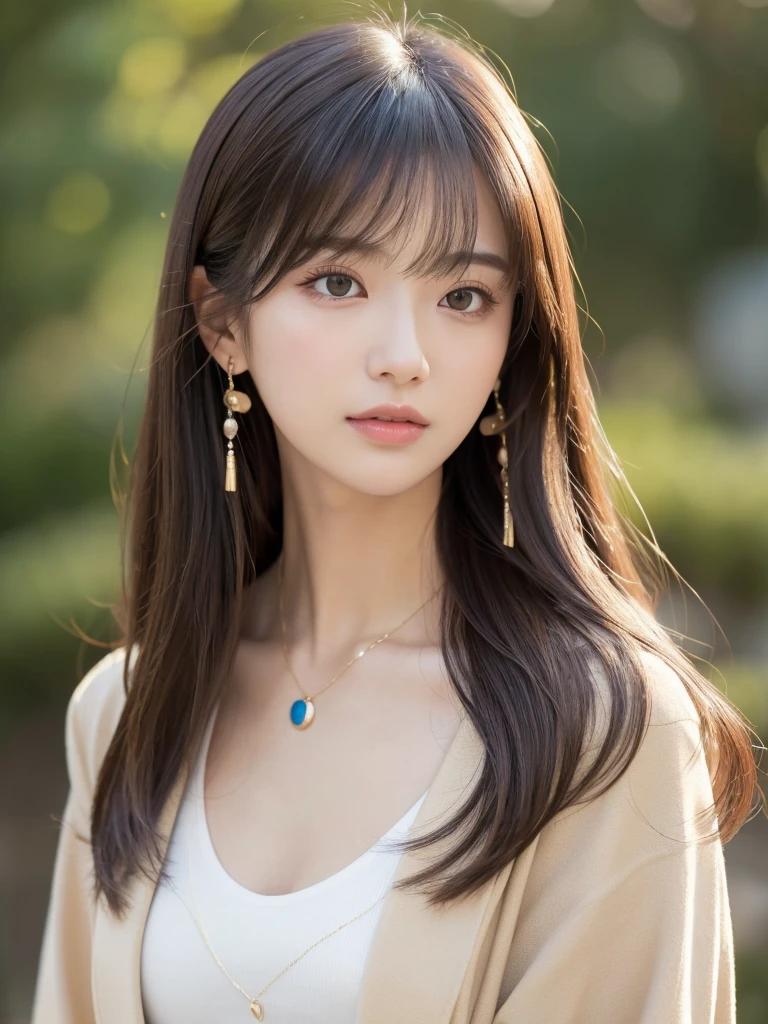  ((Highest quality, 8k, masterpiece:1.3)), concentrate: 1.2, Perfect body beauty: 1.4, Hips: 1.2, ((Long Hair, chest: 1.2)), (Dry clothes: 1.1) , (clear, Simple Background:1.3), Simple clothes: 1.1, Highly detailed face and skin texture,Delicate eyes, double eyelid, Whitened skin, Rough skin、Long Hair、Earrings with bangs、necklace、 solo、Beige coat、White shirt,  (((Beautiful girl with cute Japan)))、  ((Beautiful Japanese girl 20 years old))、 ((Baby Face))、 (((Slender body)))、  Upper Body，Face focus、necklace，Simple Background，From above， Realistic Hair、 A photograph was taken:Canon EOS R6、135mm、1/1250 seconds、f2.8、ISO400、(Detailed explanation of the hand)、(Masseter muscle area)、(Exquisite CG)、Long Hair, loose and curly hair、Korean Hair、Long Hair明るいベージュ色、グラデーションハイライトグレージュのゆるふわLong Hairスタイル、