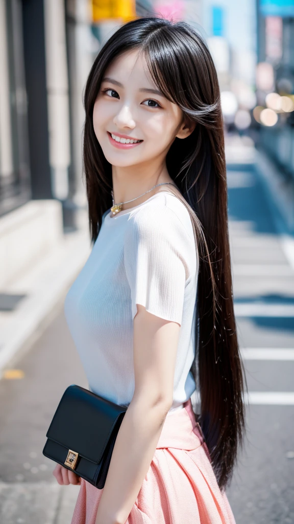 A beautiful, 18-year-old girl, realistic, ultra-detailed, 8K resolution, ray-traced, CG Unity wallpaper, masterpiece, 5'1" height, long straight silky jet black hair with blunt bags, city background, cute pastel colored blouse and long skirt, Sheng-hai, beautiful smile, ultra realistic, ultra HD, full body, model, beautiful, cute, cute jewelry, minimalist and beauty enhancing makeup, delicate features, housewife, Chinese girl,