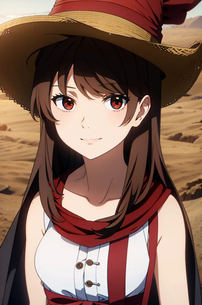 1 female, medium length brown hair, wearing pirate outfit,  wearing straw hat with red band