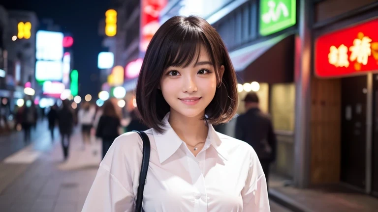 Produce the highest quality and highest resolution 8K images。Please draw the upper body of a 20 year old Japanese woman.。Please draw a picture of a walk through a city at night with beautiful neon lights.。She has brown eyes and a model-like figure、She has an idol-level cute face.。Her hair is a medium bob。Clothes、Dressed in stylish office casual wear。The skin is、It is a natural skin color。she、Looking at you with a smile。