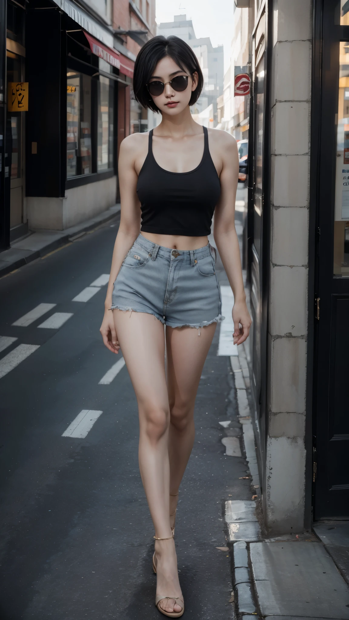 High Resolution, 1girl, Looking at viewer, Short Hair, Black Hair, standing long legs, tank top, F/2.8, Fujifilm, Sunglasses,