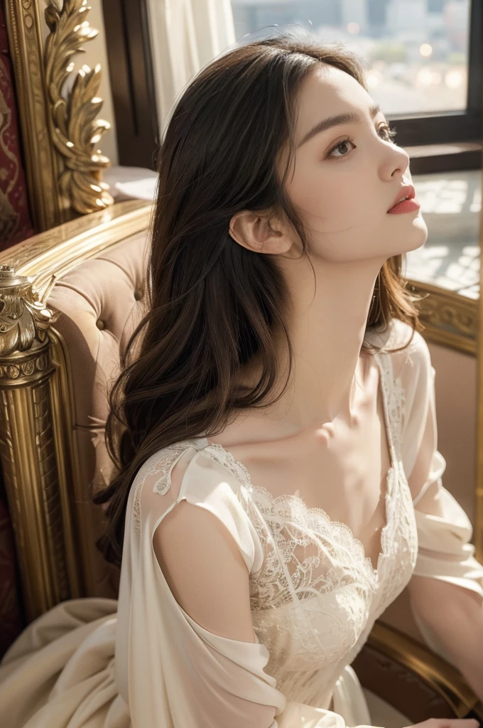 (((best quality))),(((ultra detailed))),(((masterpiece))),illustration,1girl,young,beautiful,woman,luxurious,hotel,room,Paris,stunning,lace,nightgown,standing,window,gazing,Eiffel,Tower,appearance,radiant,alluring,long,flowing,hair,delicate,features,captivating,eyes,excitement,relaxation,lips,slightly,parted,awe,breathtaking,view,soft,lighting,smooth,fair,skin,ethereal,glow,luxurious,lace,nightgown,slender,figure,graceful,posture,intricate,lace,details,elegance,sophistication,deep,V-neckline,collarbone,romance,flowing,fabric,drape,mystery,walls,expensive,wallpaper,pattern,inviting,cozy,furniture,delicate,vanity,table,plush,armchair,illuminated,city,lights,tall,proud,landmark,connection,romantic,city,contemplation,intricate,details,soft,lighting,allure,viewer,imagine, exquisite,moment