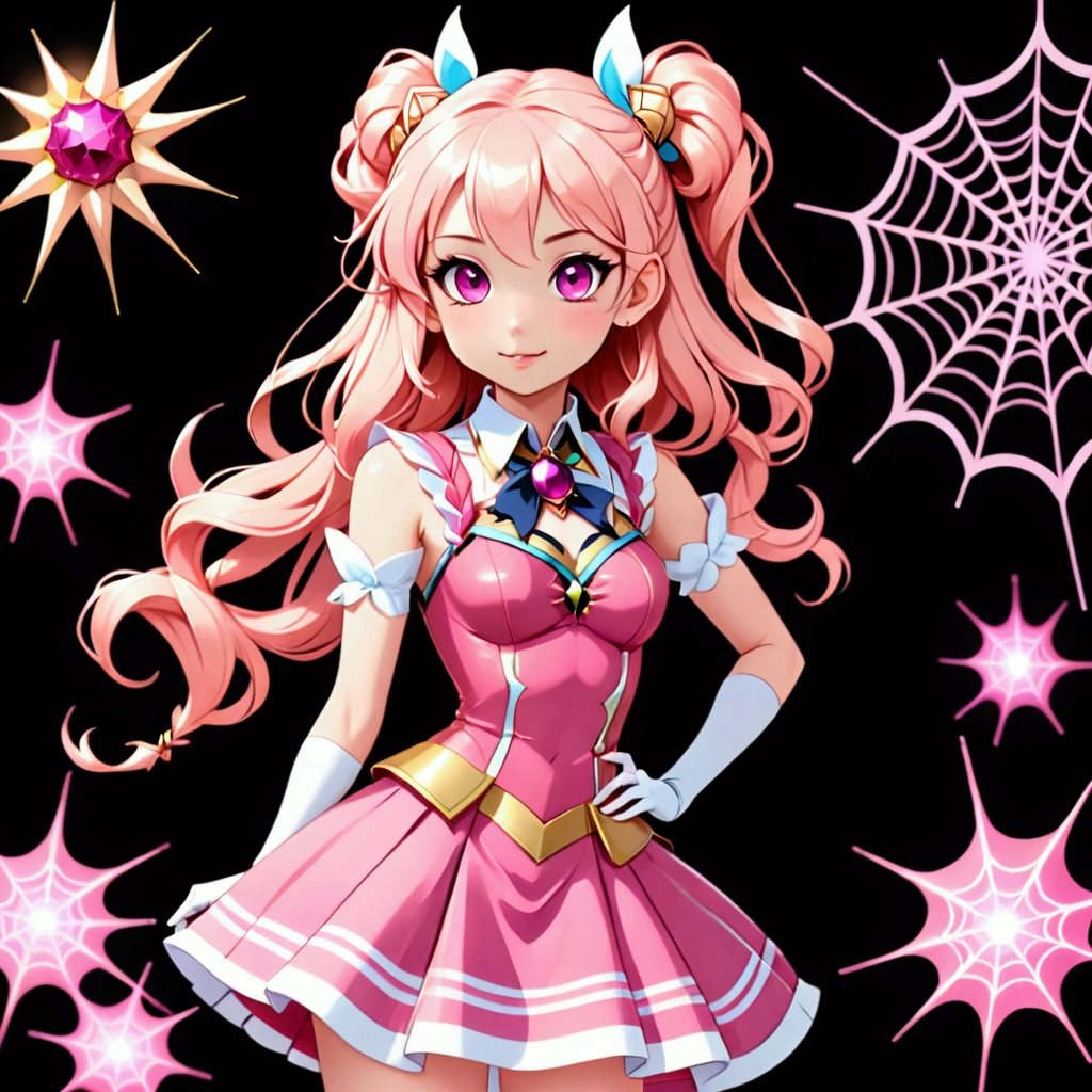 Anime-style girl with (((deep magenta eyes and long, wavy pink hair))) ((styled in an elegant French braid)). (((She is slender, and , with small breasts))). wearing a (((pink, gold, and rose gold color magical girl-themed outfit.))) ((The outfit features a spider and spider web theme.)) The overall look is regal and ethereal, with magical glowing effects. cutesexy, , a hyperrealistic , hyperrealistic , realistic , seductive (anime girl), smooth anime cg art, beautiful alluring anime , ((magical girl)), (masterpiece), best quality, expressive eyes, perfect face ((Highest quality))、((8K))、(((8k wallpaper))) ultra detailed, masterpiece, best quality, solo