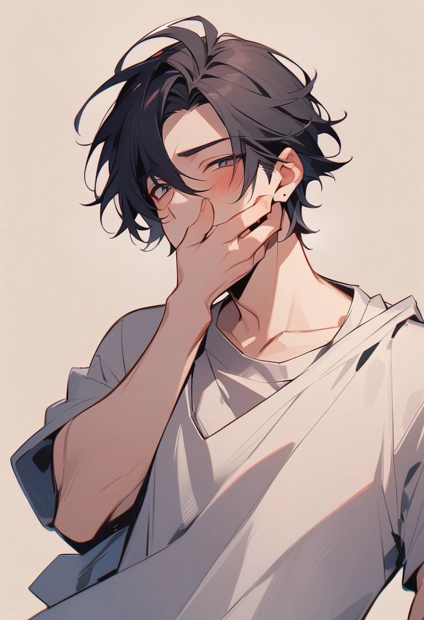 Beautiful man、Wearing a T-shirt、Put your hand to your mouth、Laugh with a crumpled face