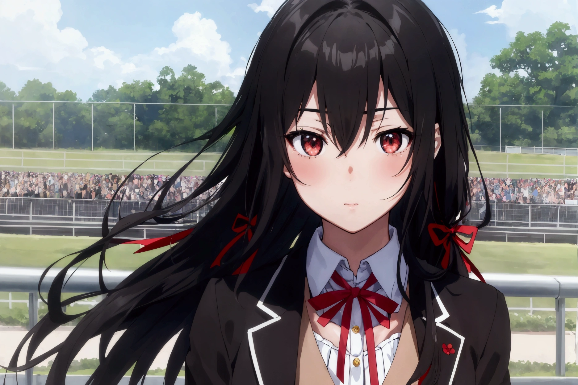 masterpiece, Highest quality, Ultra-high resolution, (beautiful girl: 1.3), (Browsing Caution: 1.1), Black Hair, Straight hair、long hair、Upper Body Shot,yukino yukinoshita,blazer,Yukinoshita Yukino watches the horses cross the finish line with a determined look in her eyes at the racetrack.、Rin々Funny face、Smaller breasts、(Red ribbon in hair)