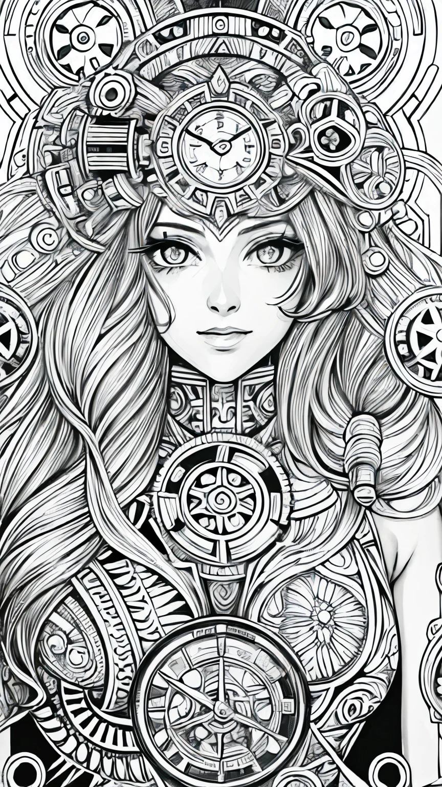 (Black and white coloring book:1.5), masterpiece, Highest quality, (Detailed Background), High Contrast, Highly detailed face, ((Eyes are clearly defined)), smile,Hair is white, Decorated with gears and clock parts、Sci-fi steampunk dress, Line drawings without color or shading, Beautiful line drawing, The outline is a thick line, Skinny