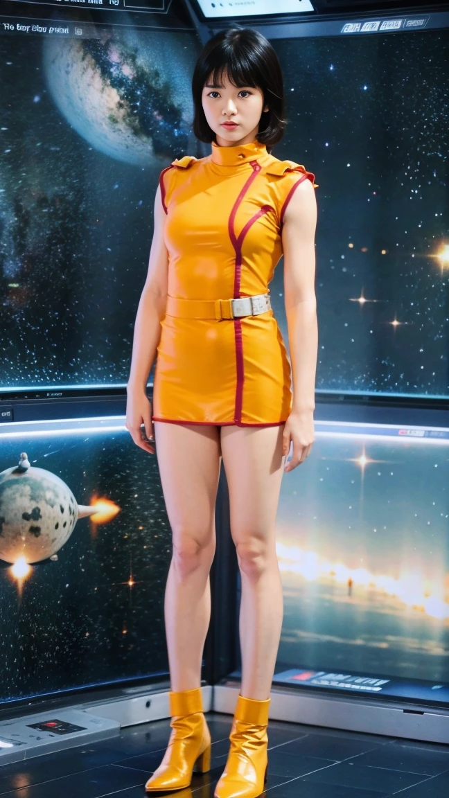 (8k、RAW Photos、Highest quality、masterpiece:1.2、Perfect Anatomy)、(Realistic、Realistic、Full body photo)、1 female、(((Small breasts)))、short hair、Fa Yuili、Costume、Being inside a spaceship