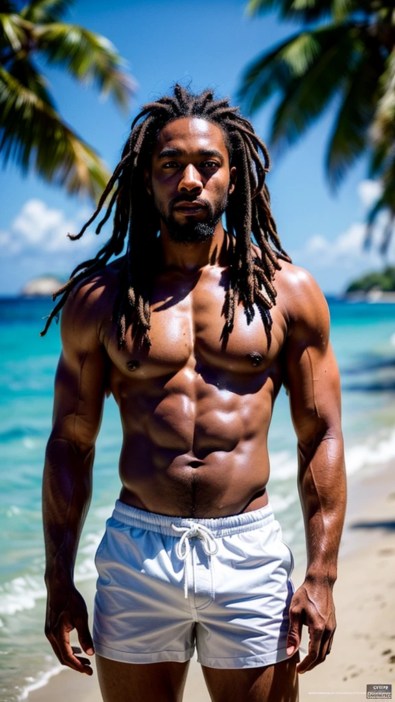 a muscular black man with rastafarian dreadlocks, coming out of the ocean, wearing white wet swim trunks, detailed realistic portrait, 8k, high resolution, ultra detailed, hyper realistic, dramatic lighting, cinematic composition, gorgeous tropical beach background, photorealistic, masterpiece, stunning