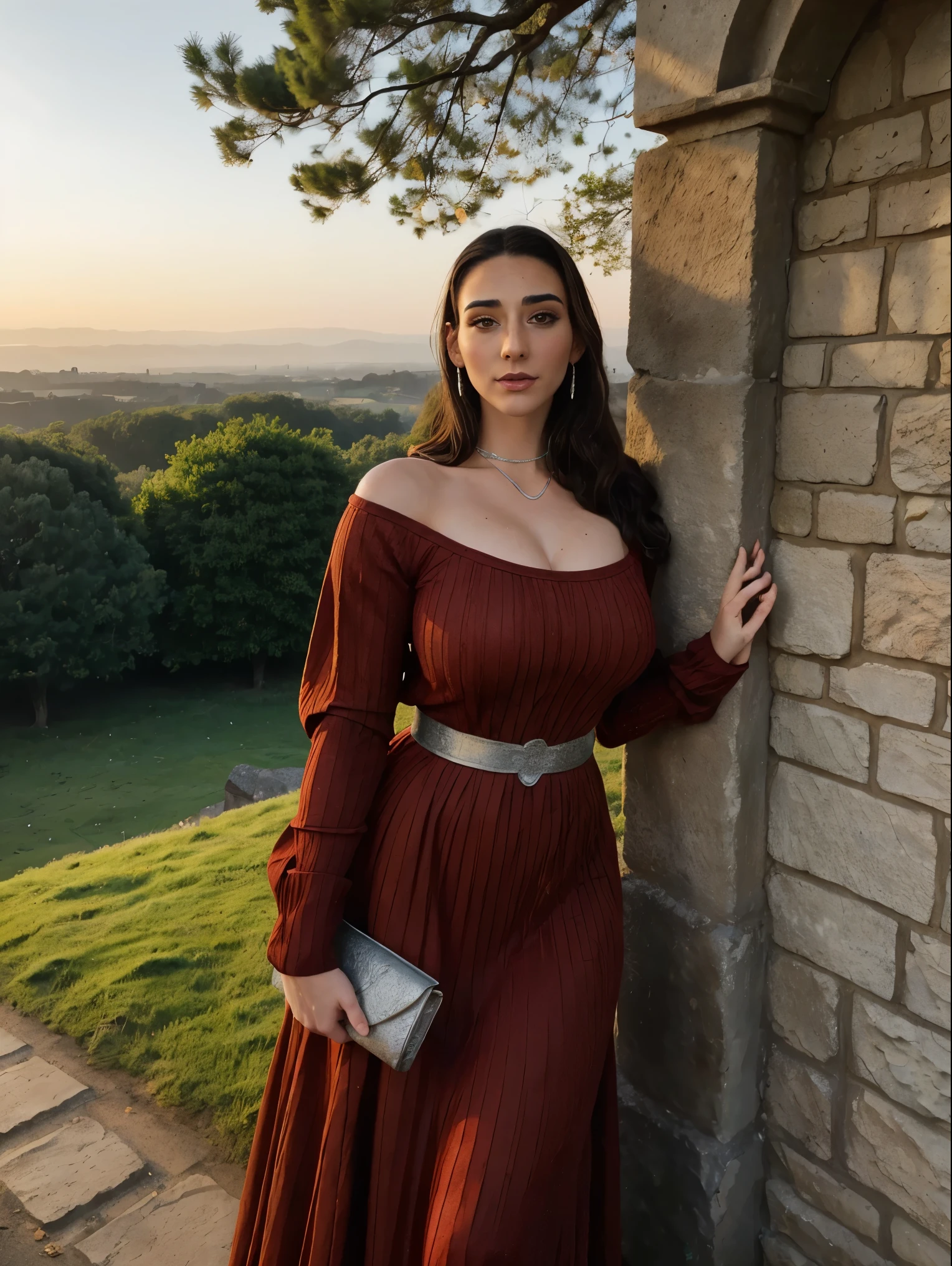 Gorgeous and sultry busty athletic (thin) brunette queen with sharp facial features wearing a modest updo, dark red medieval dress, long sleeves, intricate patterns, scrollwork, wide neck, crown, veil, long dress, modest dress, tight bodice, (silver waist chain), medieval jewelry, Middle Ages, castle, rampart, wall, exterior, on top of a castle wall, trees, countryside, evening, sunset.