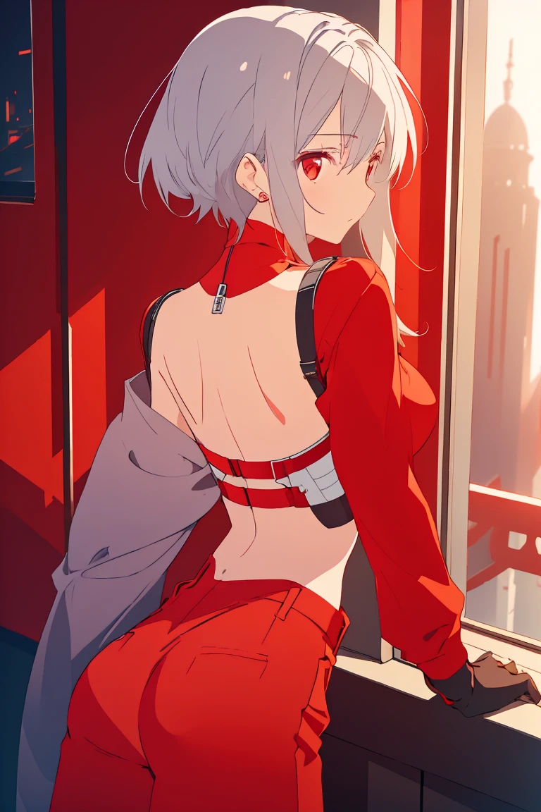 ((Highest quality)), ((masterpiece)), (Become familiar with), 1 girl, alone, Silver Hair,Brown Skin,Red eyes,Long trousers,Red sleeveless,((Red Shirt)),Clothes with a visible back, thin,thin,short hair,Small breasts, gloves, cyber punk,sf