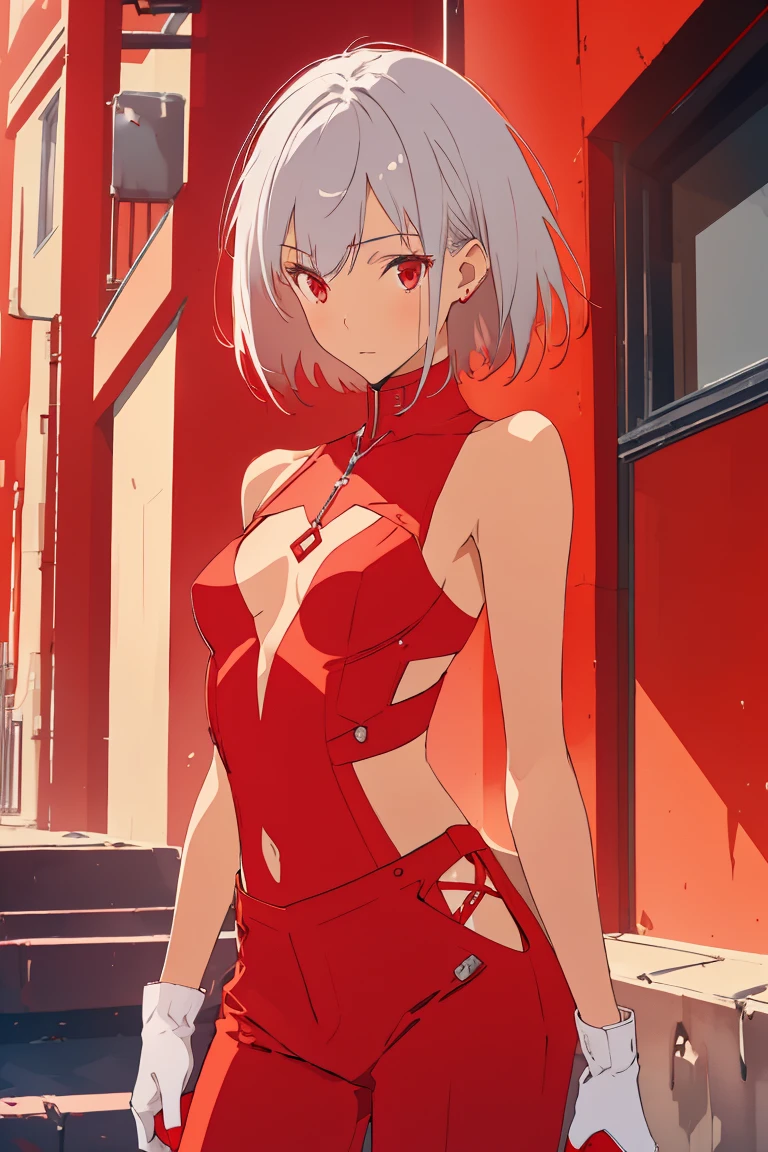 ((Highest quality)), ((masterpiece)), (Become familiar with), 1 girl, alone, Silver Hair,Brown Skin,Red eyes,Long trousers,Red sleeveless,((Red Shirt)),Clothes with a visible back, thin,thin,short hair,Small breasts, gloves, cyber punk,sf