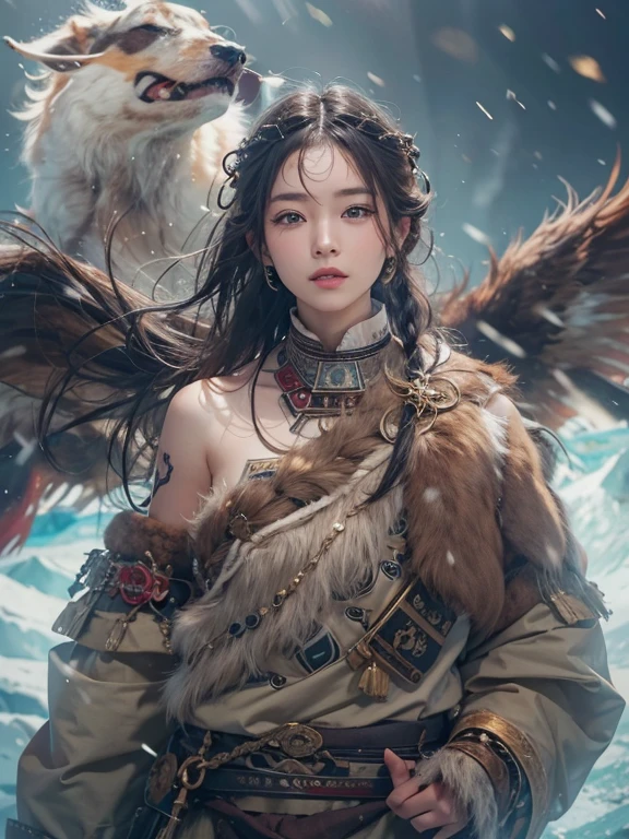 Hiding in the snowy mountains、Hair Flow、 ((highest quality、masterpiece、8k、Best image quality、Ultra-high resolution、Award-winning works)、(Accurate anatomy:1.1)、(Look at me and smile:1.hining fair skin with Ultra-high resolution、The most detailed face、Ultra-high resolution detailed face、Ultra-high resolutionの髪の毛、(Ultra-high resolutionの煌めく瞳:1.1)、Beautiful face drawn in every detail、(Blurred Background:1.1)、Ancient Inuit clothing, Chest to chest, tattoo, Old ruins in the background、he&#39;big, You have a real hawk on your shoulder.. 