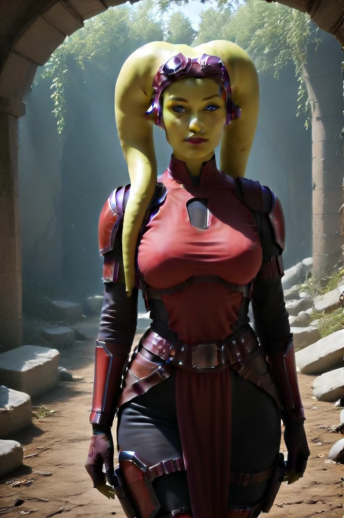 a ((fall body)) (((hera syndulla))) ((green skin )) ((female twi'lek ))mandalorian,walking on snow coverd ruins , ((green fire eyes )) , beautiful detailed eyes, beautiful detailed lips, extremely detailed face, long eyelashes, mandalorian armor, sci-fi, cinematic lighting, dramatic, epic, intricate details, hyper-realistic, 8k, high-quality, photorealistic