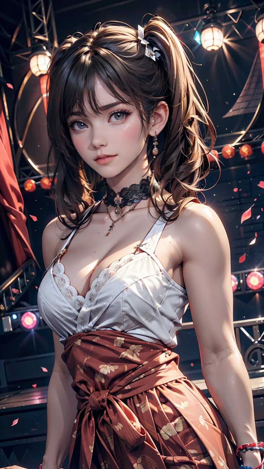 18-year-old female、Japanese Idols、Short pigtails((short twintails))、Sexy proportions、Narrow waist、Flashy stage costumes、Lace-embellished choker、Live Stage