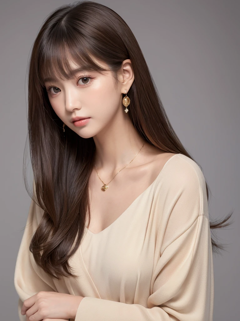 ((Highest quality, 8k, masterpiece:1.3)), concentrate: 1.2, Perfect body beauty: 1.4, Hips: 1.2, ((Long Hair, chest: 1.2)), (Dry clothes: 1.1) , (clear, Simple Background:1.3), Simple clothes: 1.1, Highly detailed face and skin texture,Delicate eyes, double eyelid, Whitened skin, Rough skin、Long Hair、Earrings with bangs、necklace、 solo、Beige coat、White shirt, (((Beautiful girl with cute Japan)))、 ((Beautiful Japanese girl 20 years old))、 ((Baby Face))、 (((Slender body)))、 Upper Body,Face focus、necklace,Simple Background,From above, Realistic Hair、 A photograph was taken:Canon EOS R6、135mm、1/1250 seconds、f2.8、ISO400、(Detailed explanation of the hand)、(Masseter muscle area)、(Exquisite CG)、Long Hair, loose and curly hair、Korean Hair、Long Hair明るいベージュ色、グラデーションハイライトグレージュのゆるふわLong Hairスタイル、