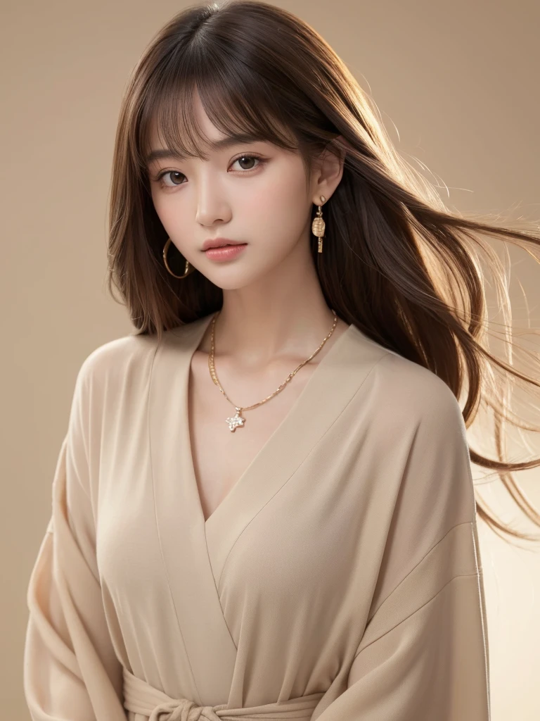 ((Highest quality, 8k, masterpiece:1.3)), concentrate: 1.2, Perfect body beauty: 1.4, Hips: 1.2, ((Long Hair, chest: 1.2)), (Dry clothes: 1.1) , (clear, Simple Background:1.3), Simple clothes: 1.1, Highly detailed face and skin texture,Delicate eyes, double eyelid, Whitened skin, Rough skin、Long Hair、Earrings with bangs、necklace、 solo、Beige coat、White shirt, (((Beautiful girl with cute Japan)))、 ((Beautiful Japanese girl 20 years old))、 (())、 (((Slender body)))、 Upper Body,Face focus、necklace,Simple Background,From above, Realistic Hair、 A photograph was taken:Canon EOS R6、135mm、1/1250 seconds、f2.8、ISO400、(Detailed explanation of the hand)、(Masseter muscle area)、(Exquisite CG)、Long Hair, loose and curly hair、Korean Hair、Long Hair明るいベージュ色、グラデーションハイライトグレージュのゆるふわLong Hairスタイル、