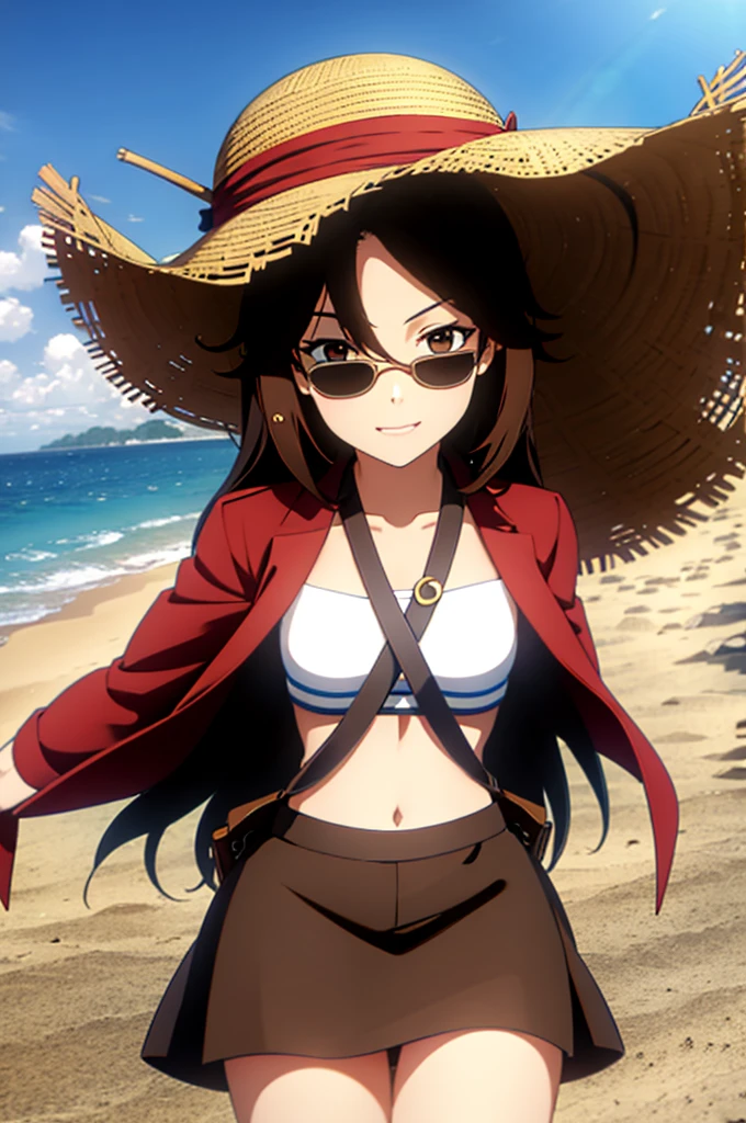 1 female, medium length brown hair, wearing pirate outfit, wearing straw hat with red band, at beach